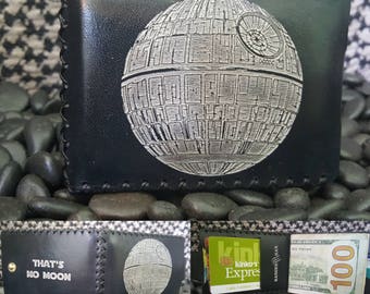 Death Star That's No Moon Bifold wallet made from Premium English Bridle leather.