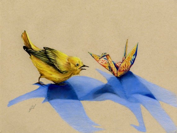 Dessin Original Au Pastel De Reproduction Dart Oiseau Et Grue Oiseau Jaune Et Grue En Origami Jaune Avec Des Ombres Bleues