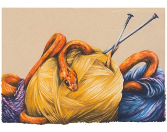 The Avid Knitter, Yarn and Snake Original art pastel. Textured paper, high quality art print.