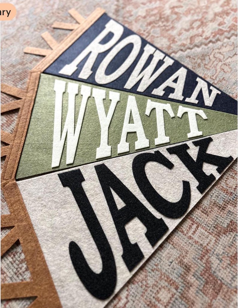 May include: A triangular felt wall banner featuring three horizontal sections in navy blue, olive green, and light gray. The navy section displays the name ROWAN in white, the green section displays WYATT in white, and the gray section displays JACK in black.