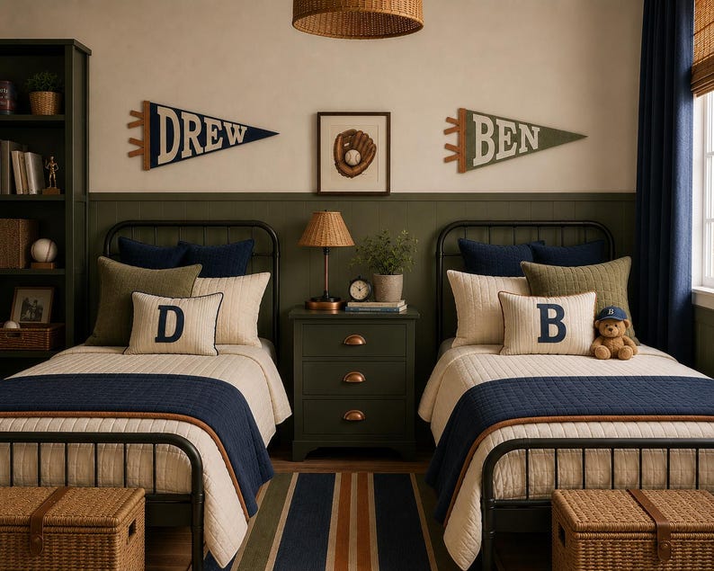 May include: A bedroom featuring two twin beds with black metal frames, cream-colored quilted bedding, and navy blue runners. Two felt pennants on the wall display the names DREW and BEN. A central green nightstand holds a lamp and a small plant.