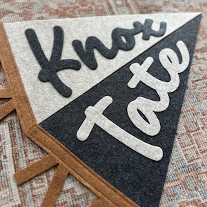 May include: A triangular felt pennant banner featuring a split design with a light gray top section and a dark charcoal bottom section. The text Knox is in dark charcoal felt, and the text Tate is in light gray felt. Brown felt fringe trim.