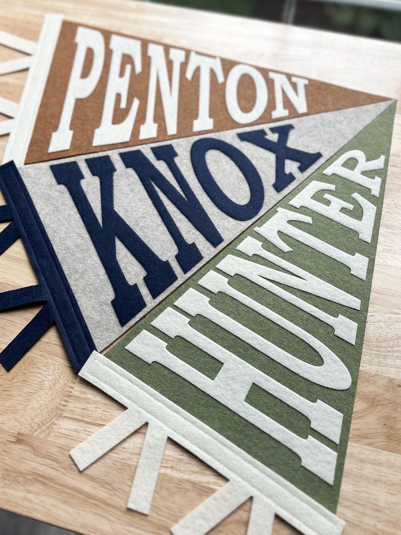 May include: Three triangular felt pennants featuring the names PENTON in white on a brown background, KNOX in dark blue on a light gray background, and HUNTER in white on an olive green background, each with matching felt ties at the base.