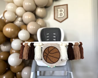 Felt basketball garland for high chair, baby's first birthday neutral decor, brown, tan party decoration