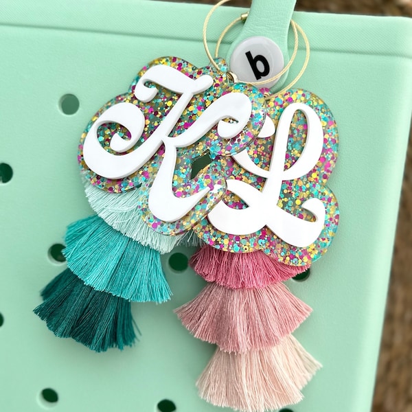 Pool bag accessories, retro initial charm for beach bag, glitter acrylic keychain with tassel, monogram bag tag