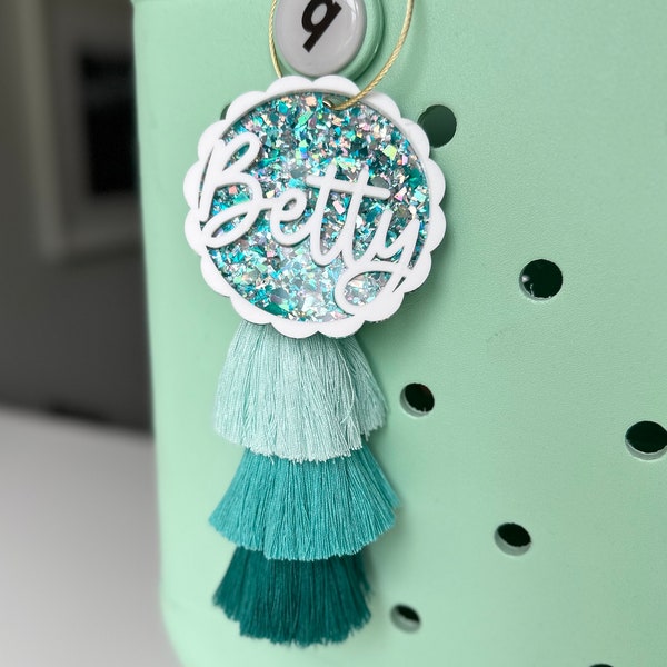 Pool bag accessories, retro initial charm for beach bag, glitter acrylic keychain with tassel, monogram bag tag