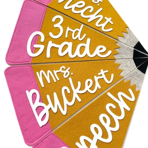 Personalized large 18&quot; pencil pennant flag for teacher classroom door, back to school photo prop for first day of school, gift from student