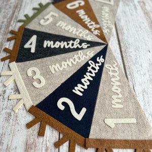 Baby milestones pennant for baby photos, newborn photo prop first year, neutral flag room decor, interchangeable monthly sign baby shower image 9