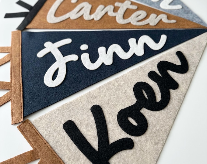 Custom felt name pennant, personalized baby gift, neutral nursery flag, playroom decor