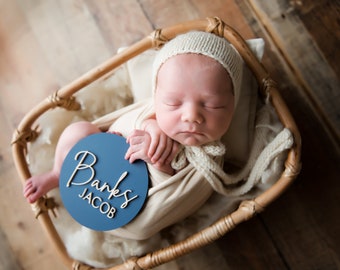 Personalized round baby birth announcement, modern neutral acrylic name sign for hospital, newborn keepsake baby shower gift, photo prop