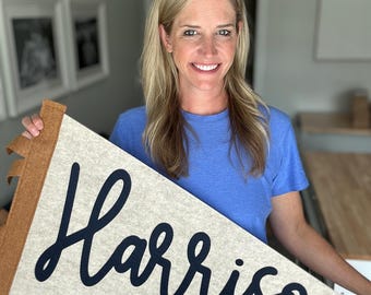 Extra large 38in. custom name felt pennant, over crib name flag, personalized wall decor for boy or girl,  neutral nursery decor name sign