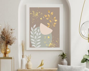 Neutrale abstrakte Wandkunst, Blattgold botanische Druck, minimalistischer digitaler Download, elegante Boho-Dekor