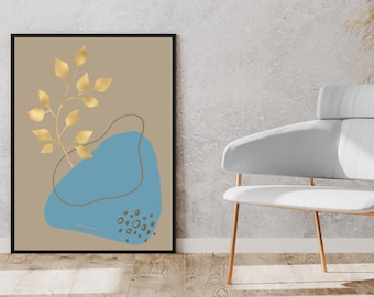 Minimalistische digitaler Download, neutrale abstrakte Wandkunst, Blattgold botanische Druck, elegante Boho-Dekor