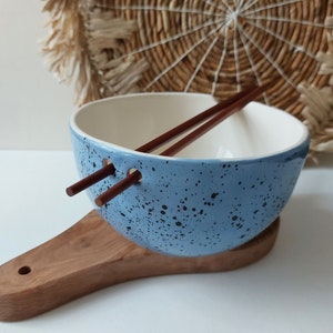 Blue Speckled ramen bowl with chopsticks, Kitchen tableware, Handmade bowls, Blue Ceramic dish image 2