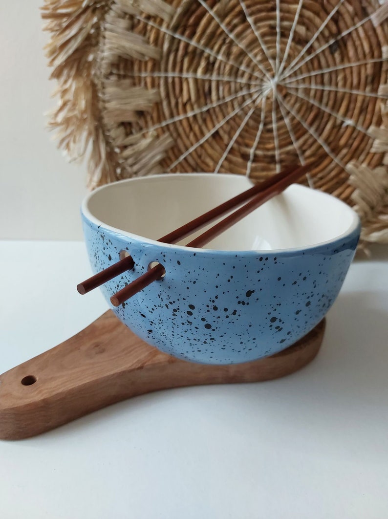 Blue Speckled ramen bowl with chopsticks, Kitchen tableware, Handmade bowls, Blue Ceramic dish image 2