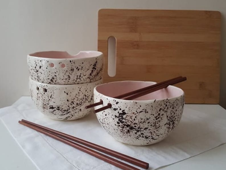 Pink Speckled Pottery bowl Bowl with chopsticks Kitchen tableware Handmade bowls Ramen bowl Pink speckled ceramic bowl image 8