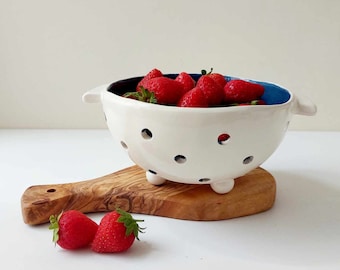 Handmade berry bowl, Ceramic colander, Blue pottery colander