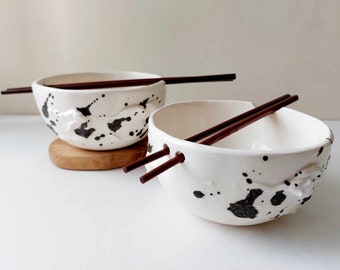 Bol à ramen en céramique fait main, bol à nouilles en poterie, vaisselle en céramique, design éclaboussé