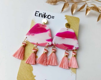 Pink tassel dangle earrings, Handmade clay jewellery