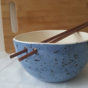 Blue Speckled ramen bowl with chopsticks, Kitchen tableware, Handmade bowls, Blue Ceramic dish image 7