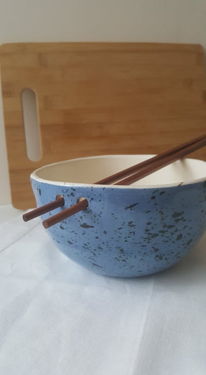 Blue Speckled ramen bowl with chopsticks, Kitchen tableware, Handmade bowls, Blue Ceramic dish image 7