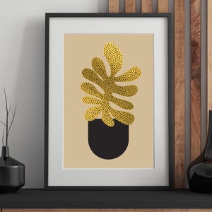 Impression d'art en pot noir : botanique abstrait doré, décoration d'intérieur moderne (téléchargement numérique)