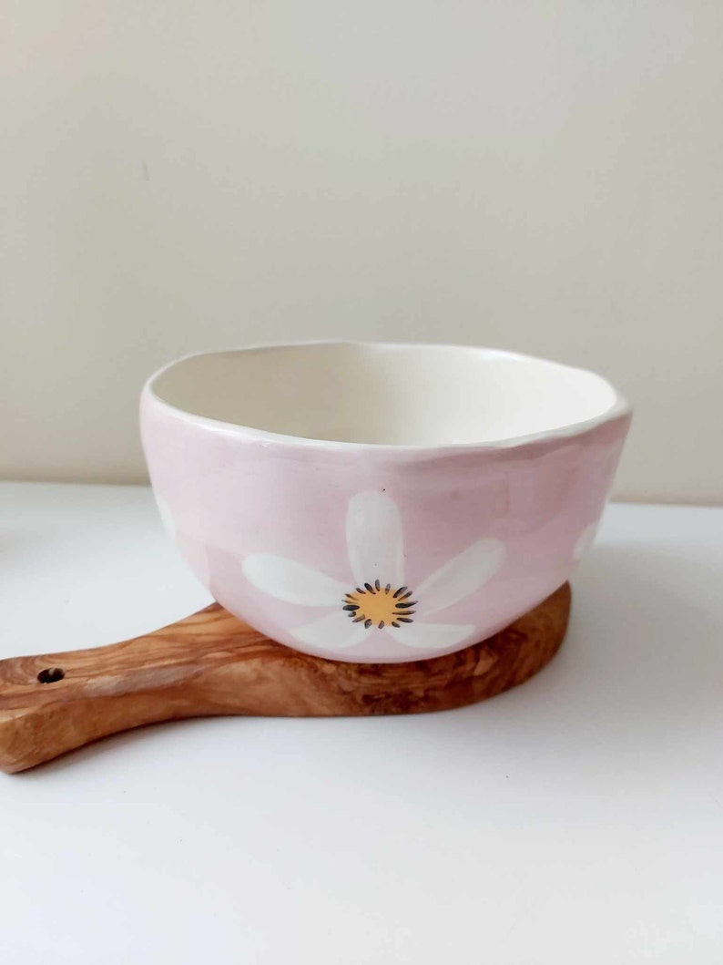 Floral pink deep bowl, handmade crockery, pottery dish, handpainted daisy image 2