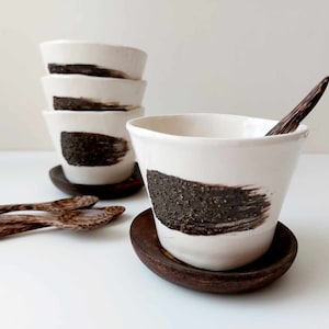 3-piece set, Handmade cup and wooden saucer and wooden spoon, Pottery cup, Gift set, Tea and coffee cup