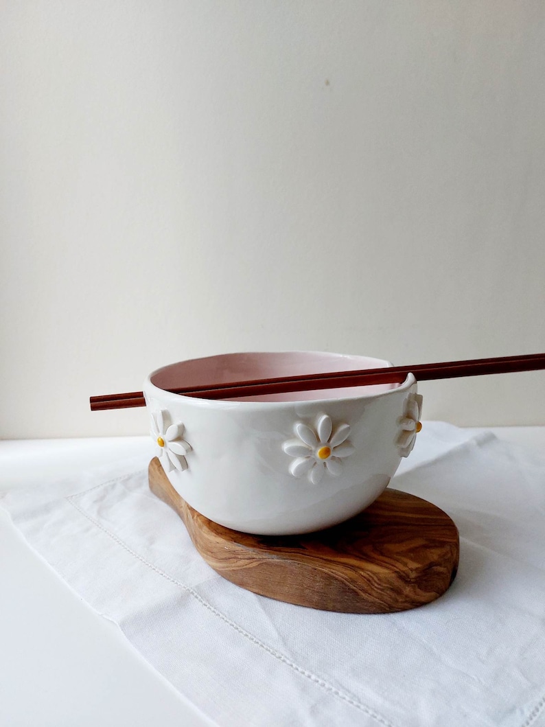 Pink floral ramen bowl, Ceramic bowl, Noodle bowl image 6