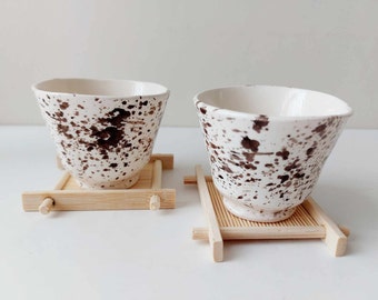 Set of two small ceramic cups with bamboo coasters, Handmade espresso cups, pottery cups, small tea cups