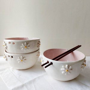 Pink floral ramen bowl, Ceramic bowl, Noodle bowl image 4