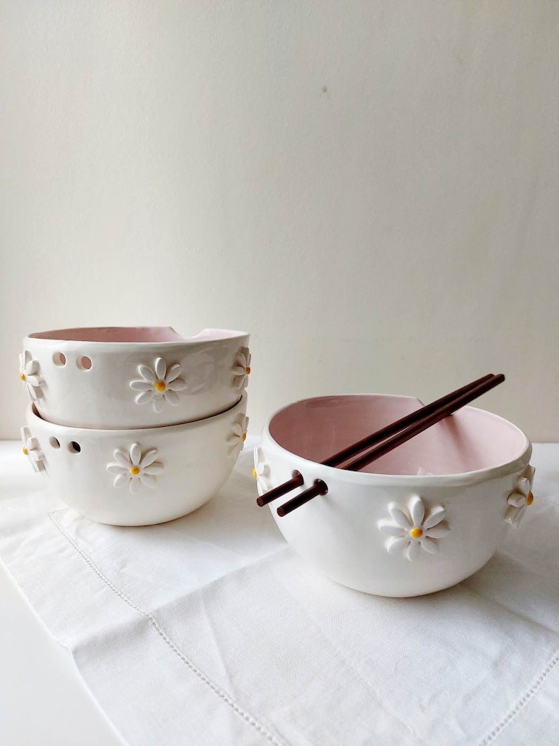 Pink floral ramen bowl, Ceramic bowl, Noodle bowl image 4