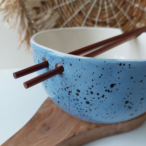 Blue Speckled ramen bowl with chopsticks, Kitchen tableware, Handmade bowls, Blue Ceramic dish image 3