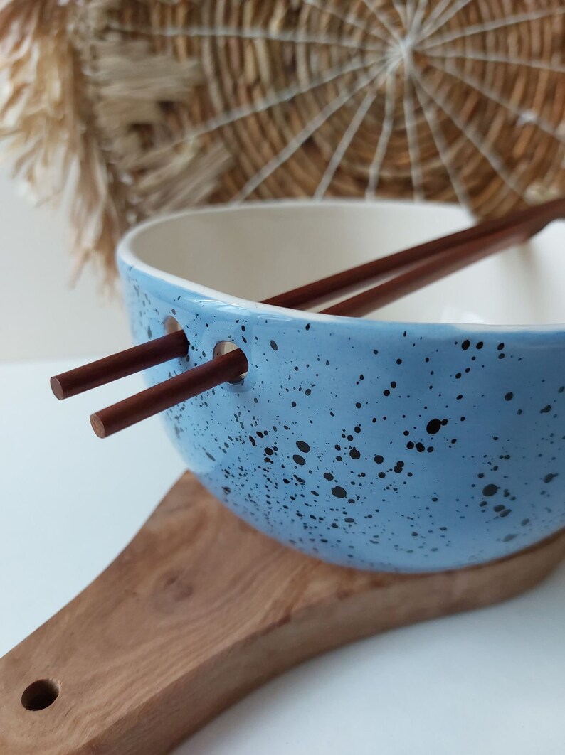 Blue Speckled ramen bowl with chopsticks, Kitchen tableware, Handmade bowls, Blue Ceramic dish image 3