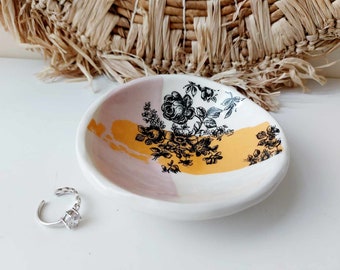 Floral ceramic trinket dish, Handmade jewellery display, Pink orange storage dish
