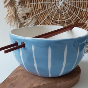 Blue stripe deap noodle bowl with chopsticks, Handmade Pottery bowl, Ramen bowl