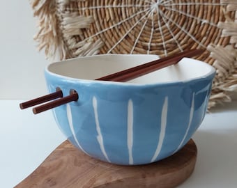 Blue stripe deap noodle bowl with chopsticks, Handmade Pottery bowl, Ramen bowl