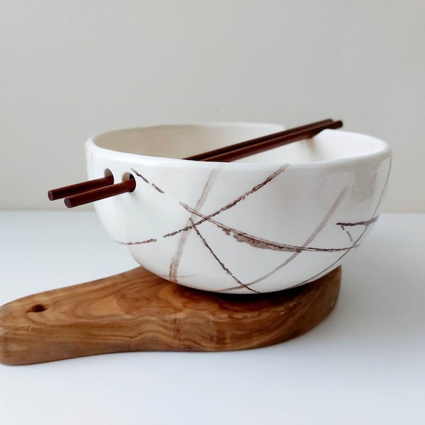 Large noodle bowl, Ramen pottery bowl, Ceramic bowl with chopsticks