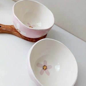 Floral pink deep bowl, handmade crockery, pottery dish, handpainted daisy image 5
