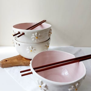 Pink floral ramen bowl, Ceramic bowl, Noodle bowl image 7