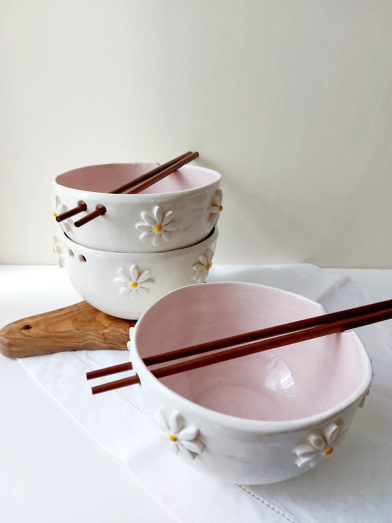 Pink floral ramen bowl, Ceramic bowl, Noodle bowl image 7