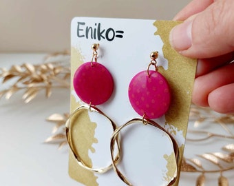 Gold plated loop earrings with pink clay, Handmade  dangle earrings