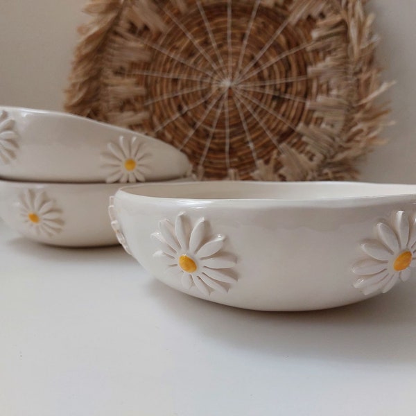 Deep ceramic pasta bowl, Floral pottery bowl, Handmade bowl