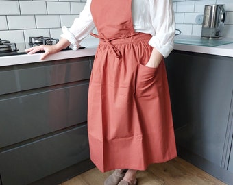 Skirt dress apron, Long, open back, adjustable, one size, 100% cotton, protection clothing