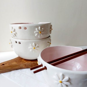 Pink floral ramen bowl, Ceramic bowl, Noodle bowl image 9