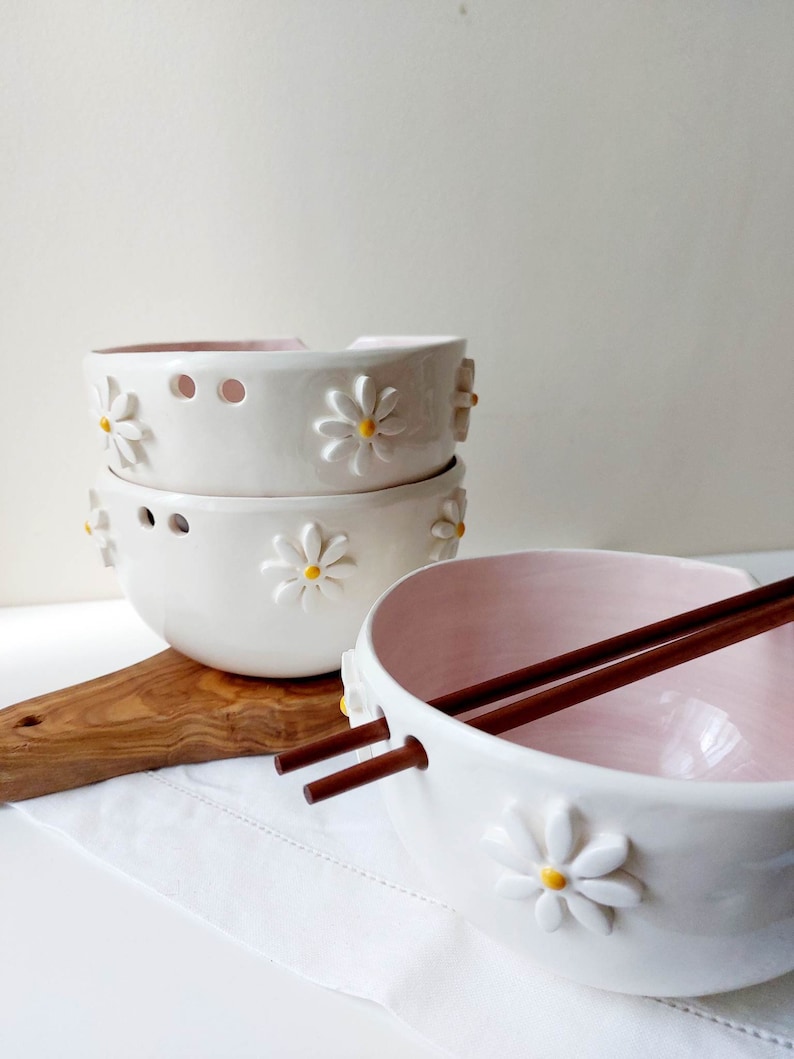 Pink floral ramen bowl, Ceramic bowl, Noodle bowl image 9