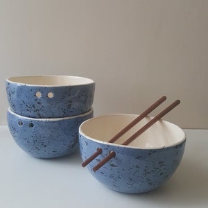 Blue Speckled ramen bowl with chopsticks, Kitchen tableware, Handmade bowls, Blue Ceramic dish image 8