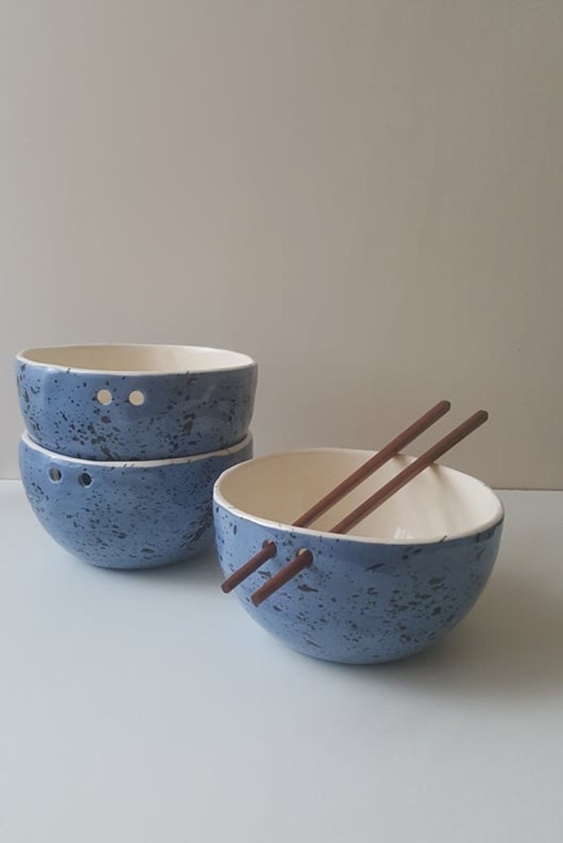 Blue Speckled ramen bowl with chopsticks, Kitchen tableware, Handmade bowls, Blue Ceramic dish image 8