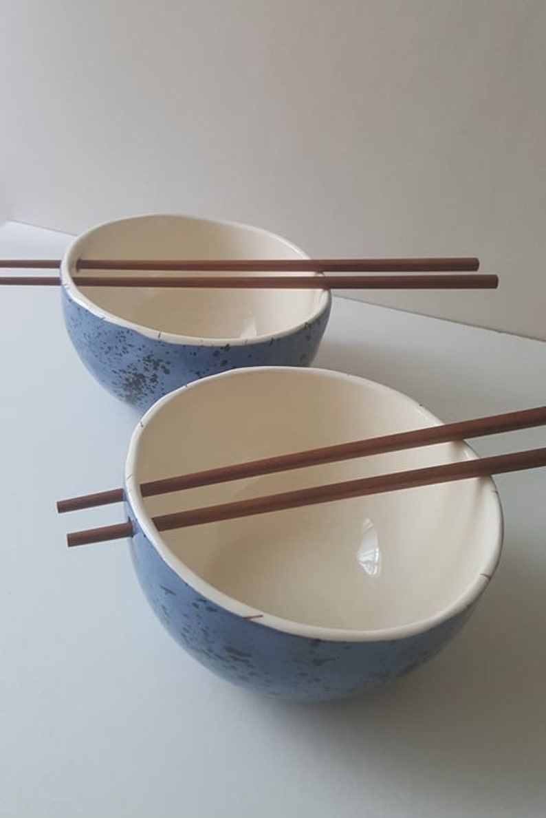 Blue Speckled ramen bowl with chopsticks, Kitchen tableware, Handmade bowls, Blue Ceramic dish image 9