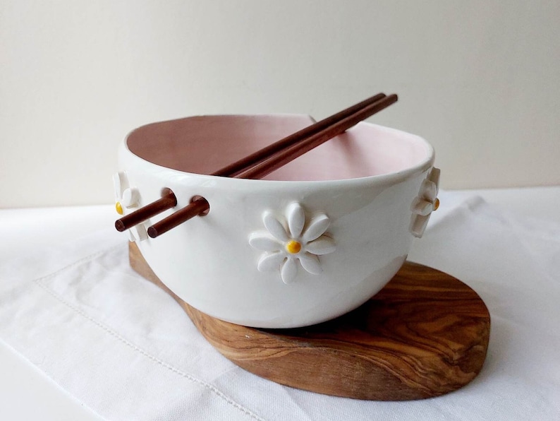 Pink floral ramen bowl, Ceramic bowl, Noodle bowl image 1